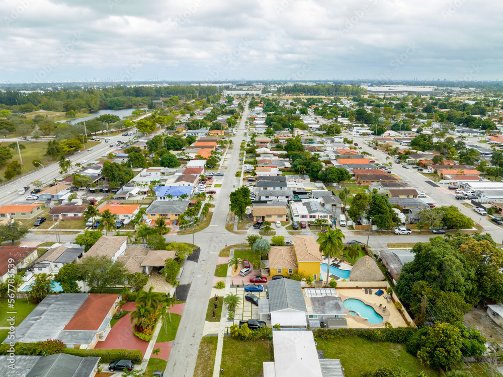 Aerial photo residential neighborhood houses in Hialeah Miami FL USA