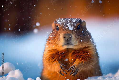 Groundhog covered in snow on Groundhog Day © surassawadee