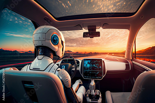 Humanoid robot driving autonomous car, future technology concept © surassawadee