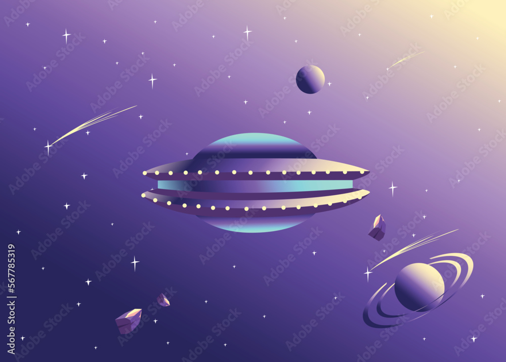 Vector illustration of a flying saucer with light bulbs flies in open space against the background of planets and stars. Vector illustration of a flying saucer with light bulbs flies in open space against the background of planets and stars.