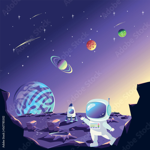 Fototapeta Naklejka Na Ścianę i Meble -  An astronaut in a spacesuit stands on the surface of the planet against the background of the rocket and the starry sky. Space travel and exploration vector illustration in cartoon style.