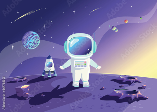An astronaut in a spacesuit stands on the surface of the planet against the background of the rocket and the starry sky. Space travel and exploration vector illustration in cartoon style.