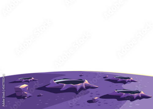 Vector illustration of planet surface with craters and stones in cartoon style isolated on white background.