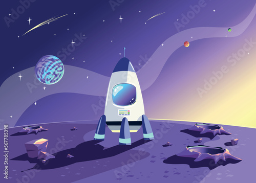 The rocket stands on the surface of the planet against the background of the starry sky. Space travel and exploration, vector vertical illustration in cartoon style