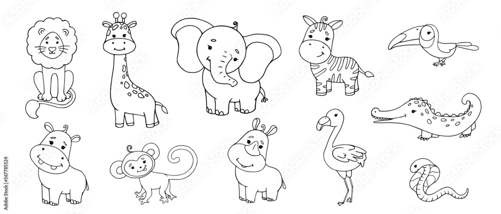 Line sketches, coloring pages of little cute animals of the African savannah. Vector graphics.