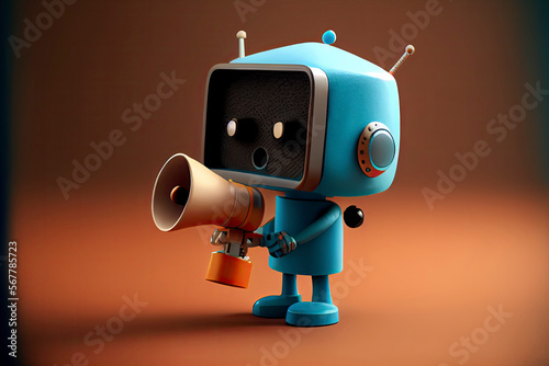 Online marketing idea featuring a little, adorable robot holding a megaphone without its legs
