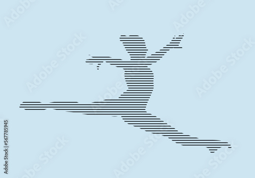female gymnast split in jump silhouette in black lines on blue background