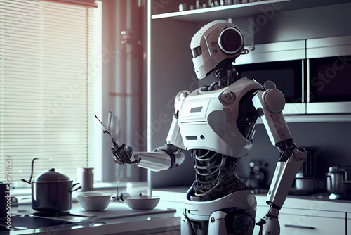 Robot chef cooking in kitchen of future home genius, smart robot working in modern house