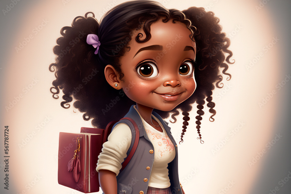 Little African American Girl Cartoon Smiling Illustration With Backpack 