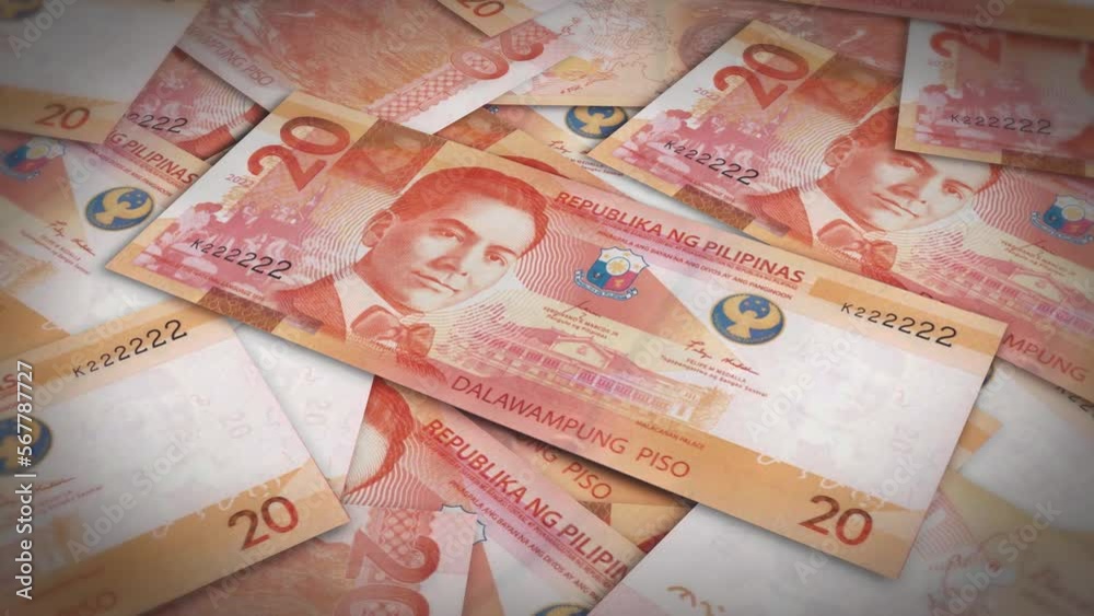 Pile of philippines peso cash money, inflation concept. Closeup new philippines twenty peso bills 4k resolution