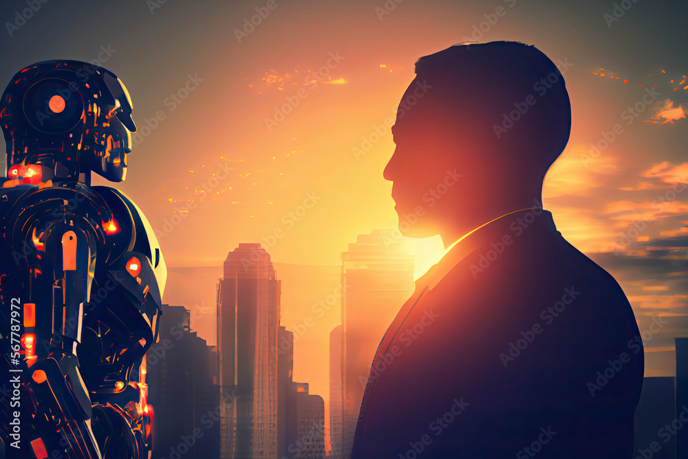 Robot technology helps industry 4.0 artificial intelligence trend concept businessman silhouette talking to consultant robo automation