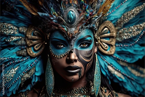 Fotografi Beauty model woman wearing ethnic and amazing mask carnival mask at party Glamou