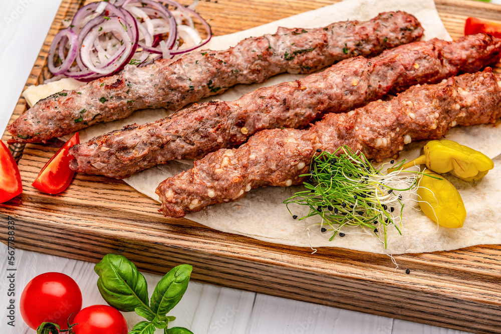lulya kebab, meat on the grill, minced meat on the grill
