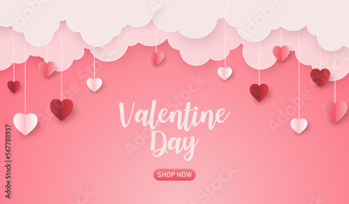 valentine's day sale cloud and hang heart paper cut on pink background. love for happy  valentine greeting card. copy space for text. Vector illustration paper cut style.