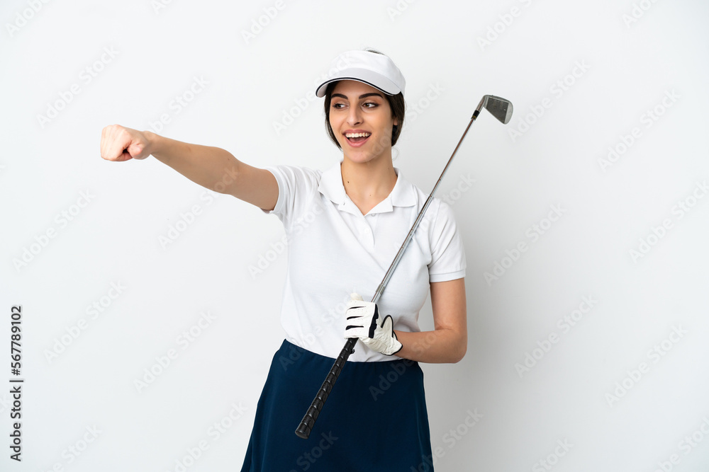 Handsome young golfer player woman isolated on white background giving a thumbs up gesture Handsome young golfer player woman isolated on white background giving a thumbs up gesture