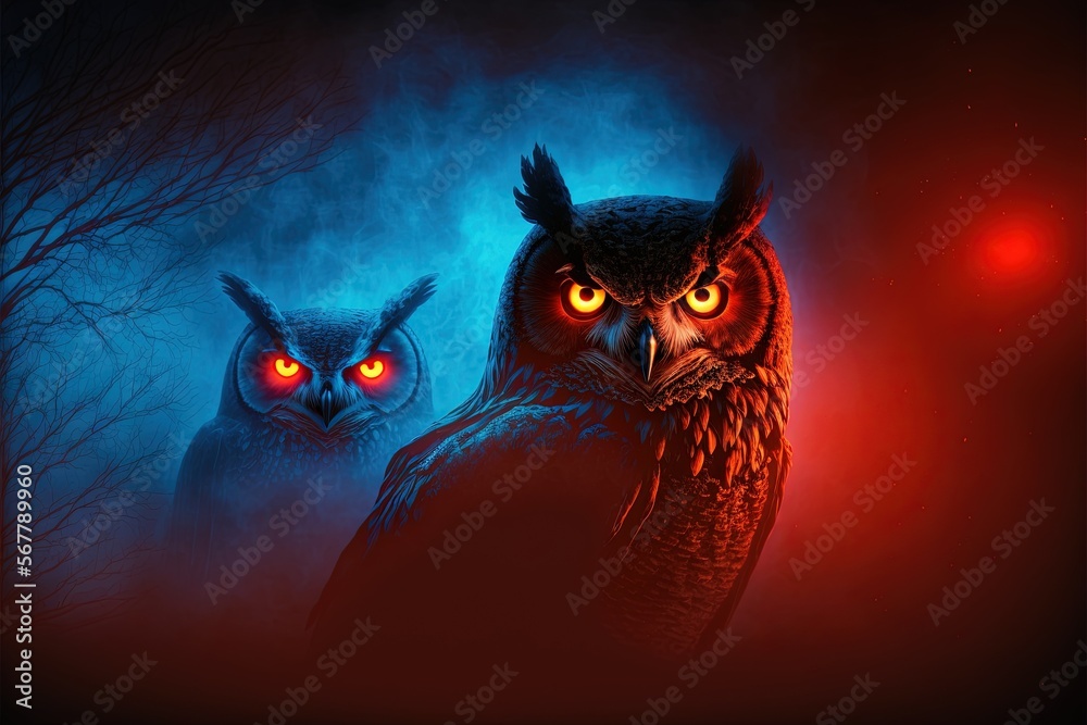 a couple of owls standing next to each other on a red and blue night
