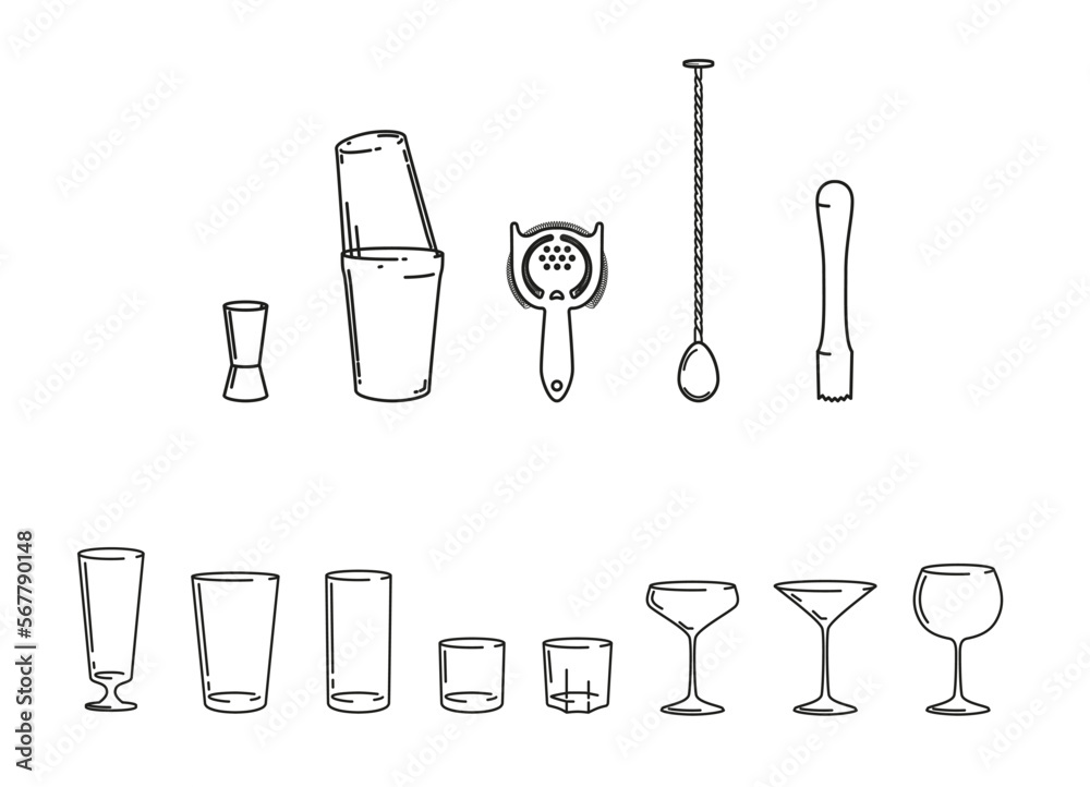 Cocktail vector graphics - shaker tools and glassware Cocktail vector graphics - shaker tools and glassware