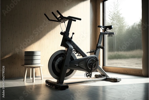 A stationary bicycle in a garage ready to workout at home. Generative ai photo