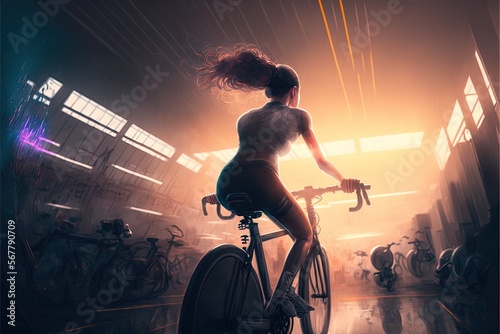 A young woman rides a bike in the gym. Generative ai