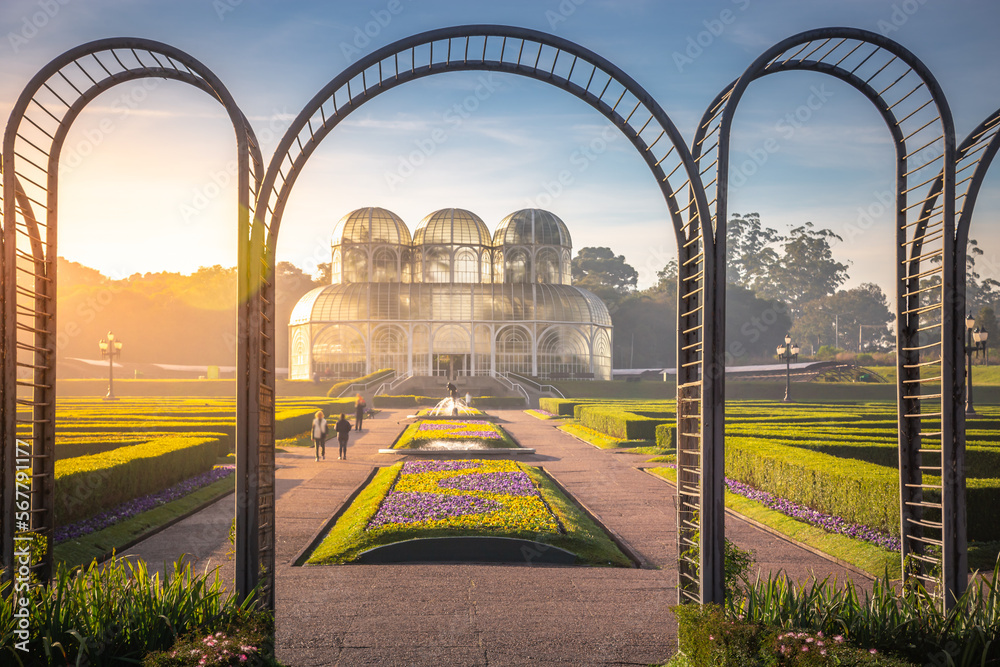 Public park around Botanical garden greenhouse in Curitiba, Parana, Brazil