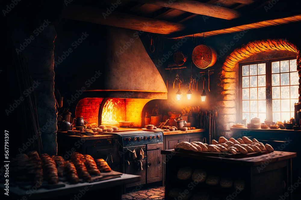 A rustic bakery with a wood-fired oven and artisanal breads