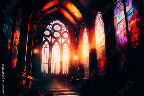 A weathered, historic church with stained glass windows casting colorful light