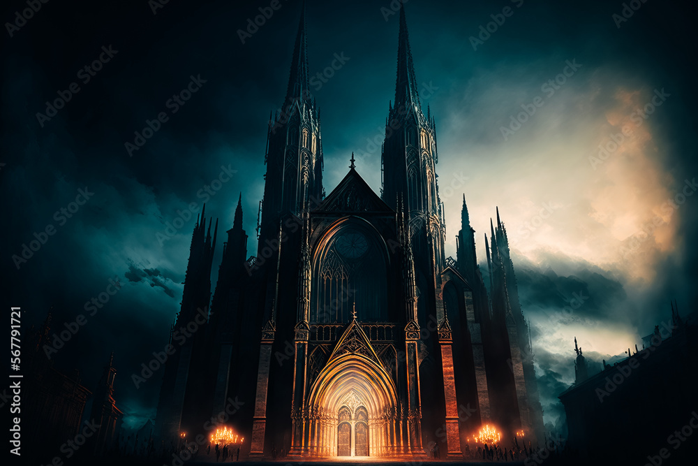 Fototapeta premium A grand and imposing cathedral, with a dramatic entrance and soaring towers