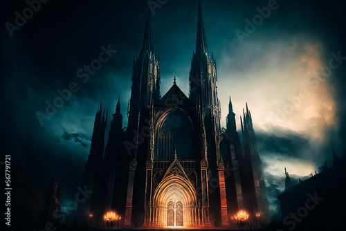 A grand and imposing cathedral, with a dramatic entrance and soaring towers