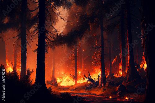Forest fire disaster, orange flames burning trees, generative ai