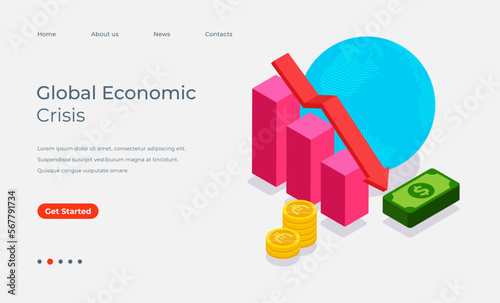 World economic crisis 3d isometric landing page