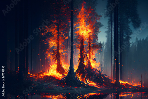 Forest fire disaster  orange flames burning trees  generative ai