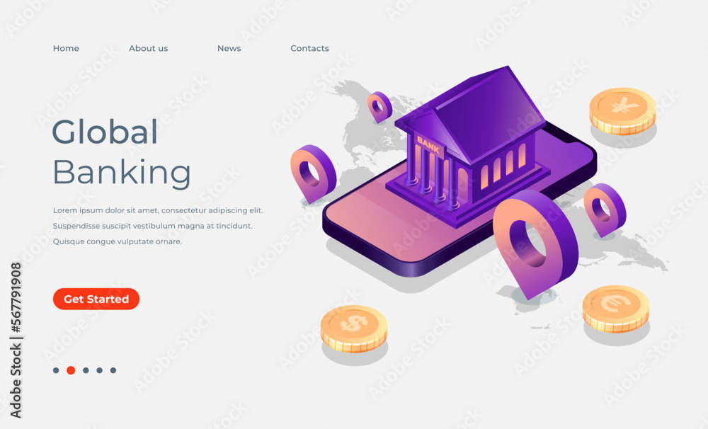 Transfer money by online internet banking around the world isometric illustration with perspective world map