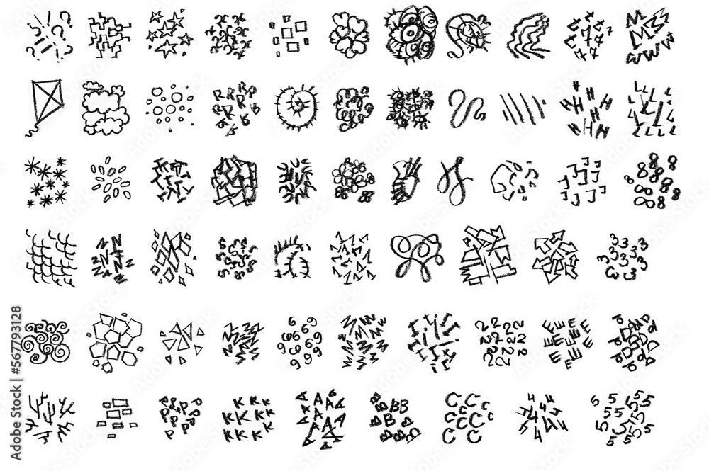 Geometric spots. Handmade work. A set for creating Photoshop and pro Crete brushes. Silhouettes, stamps of abstract shapes. Doodle sketch. Collection of forms.