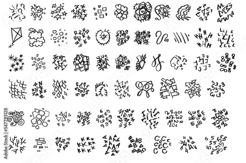 Geometric spots. Handmade work. A set for creating Photoshop and pro Crete brushes. Silhouettes  stamps of abstract shapes. Doodle sketch. Collection of forms.