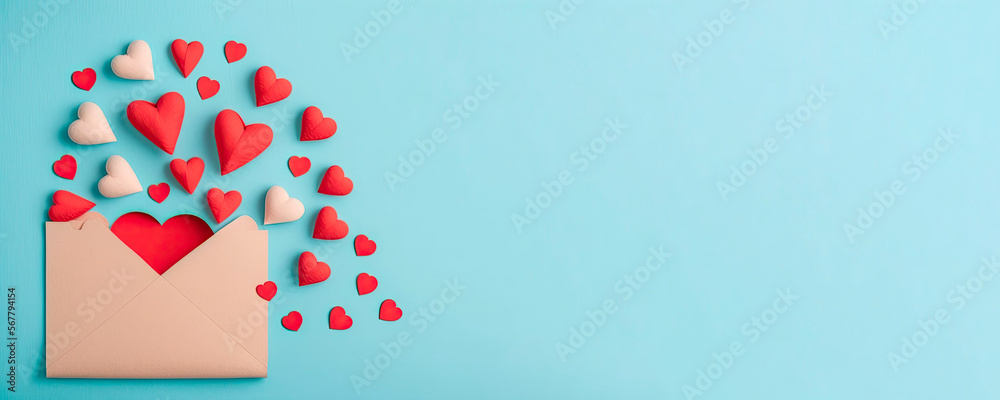 Various red hearts on light blue background for Saint Valentine day. Generative AI. Various red hearts on light blue background for Saint Valentine day. Generative AI.