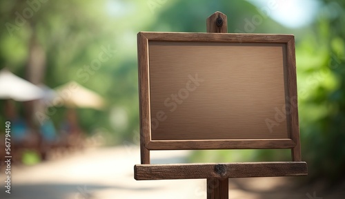 blank wooden signboard with blur green nature background, Generative Ai