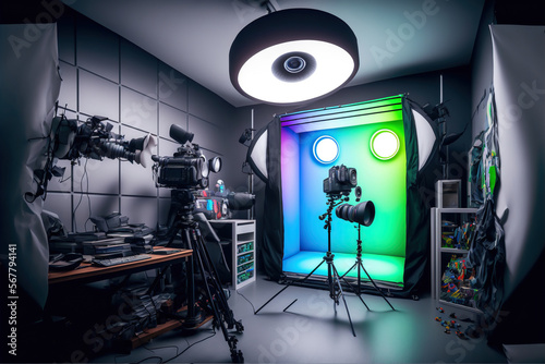 A futuristic video and photography studio with RGB lights and high end equipment. photo