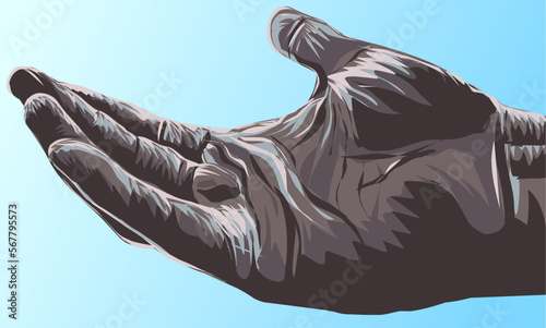 Vector man open hand, palm with fingers. Sketch flat style background