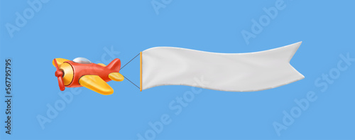 Airplane with banner. Flying vntage airplane with empty advertising ribbon for slogan. 3d cartoon illustration