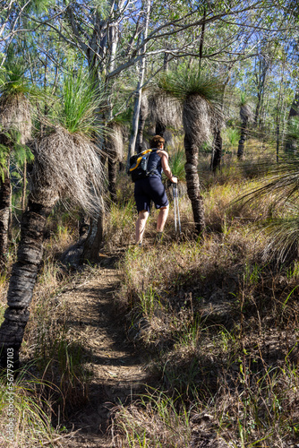 Rear view of a woman hiking on Mt Joyce, Wyaralong, Queensland, Australia photo