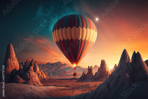 hot air balloon at sunset.Generative Ai © Shades3d