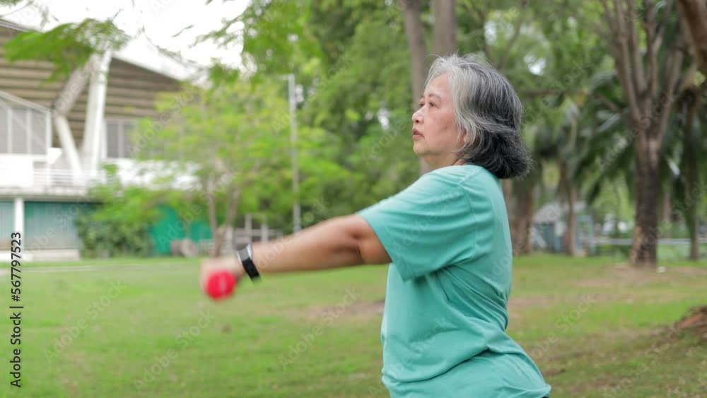 Asian elderly woman exercising outdoors in the park. senior people exercising Lift dumbbells in the garden outside. sports concept Asian elderly woman exercising outdoors in the park. senior people exercising Lift dumbbells in the garden outside. sports concept