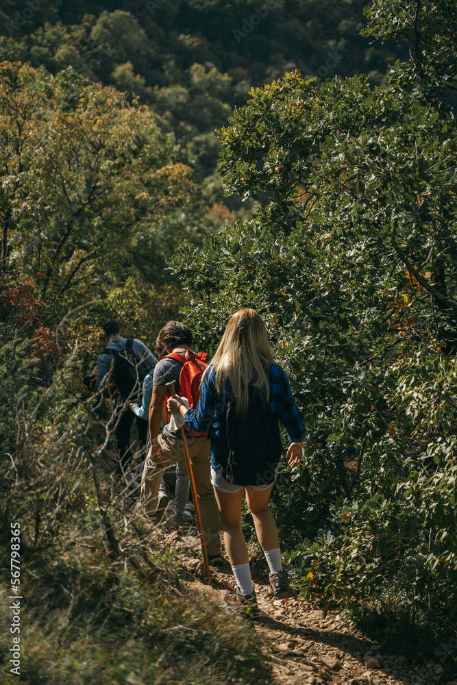 Fototapeta premium Hikers walking down frtom the mountain