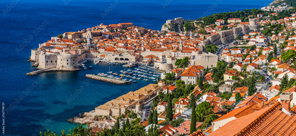 Dubrovnik, Croatia: Panoramic aerial view of the old town and old port