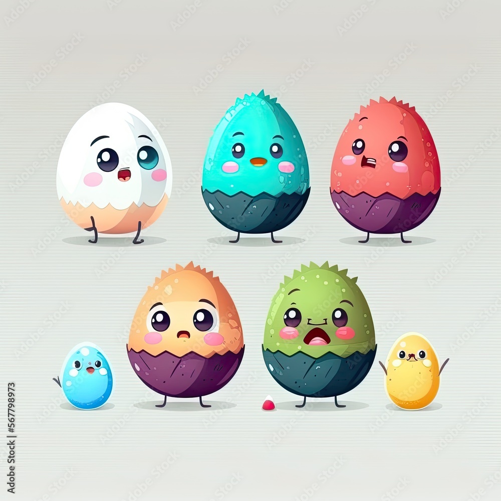 Funny and happy easter eggs decorations, colorful characters. Generative AI