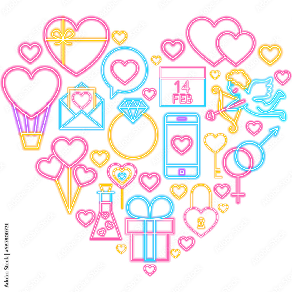 Valentine Day Neon Heart Love.  Illustration of Holiday Romance Concept. Glowing Led Lamp.