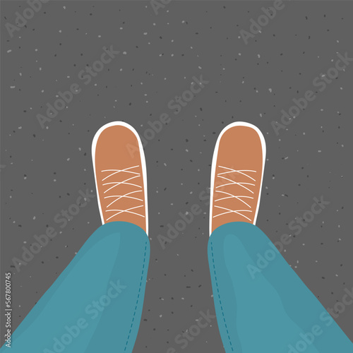 Legs of a man in sneakers. Walking on an asphalt road. Fashionable style. Top view. Flat vector illustration