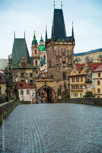 View of the Lesser Bridge Tower of Charles Bridge in Prague (Karluv Most) the Czech Republic. This bridge is the oldest in the city and a very popular tourist attraction.