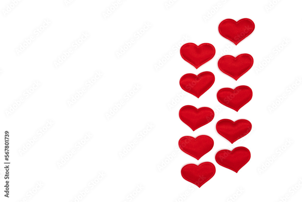 Red hearts isolated on white, template for a card