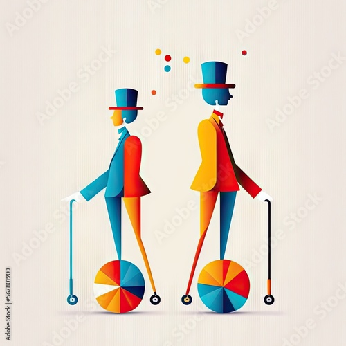 Two unicyclists riding in a circus parade illustration Generative AI photo